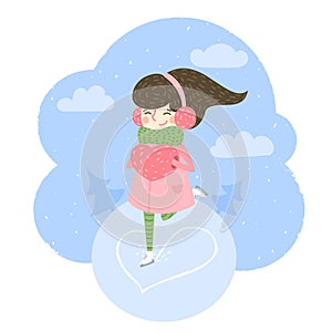 Girl with arms in muff in shape of heart, skates on the rink photo