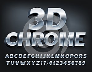 3D Chrome alphabet font. Metallic letters and numbers with shadow.