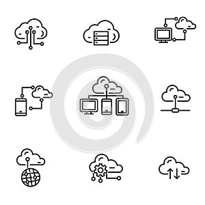 Set of cloud computing related icons in black line design