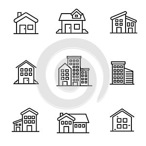 Set of house icons in black line design