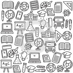 Set of school related doodle vector illustration in cute hand drawn style
