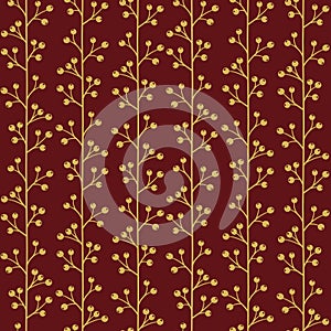 Vector seamless pattern with gold vertical branches and berries on dark red background.