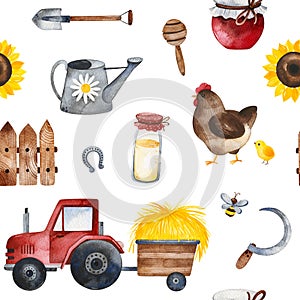 Farmer texture with food,sunflowers,chicken,fence,tractor,bee, shovel