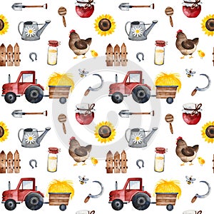 Farmer texture with food,sunflowers,chicken,fence,tractor,bee, shovel