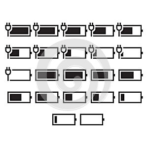 Set of battery Indicator Icons, isolated on white background. Symbols of battery charge level, full and low.