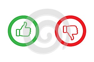 Yes and No check marks with thumbs up and down. Vector illustration. Red and green on white background.