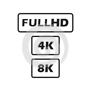 FULL HD 4K 8K video format vector icon isolated on white background. Web tv screen concept. High resolution. photo