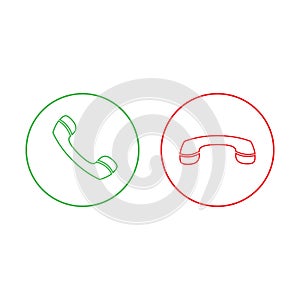 Accept call and decline phone icons. Green and red buttons with handset. Vector symbol set isolated on white background