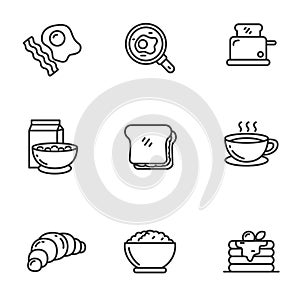 Set of breakfast food icons in black line design