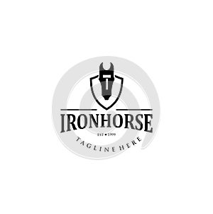 Iron Horse Logo Vintage Retro Hipster silhouette Illustration Design Vector Stock . Horse Race Logo Design . Reining Horse Equestr