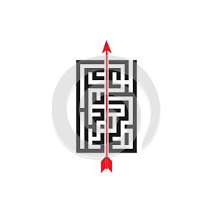 Straight arrow going right through maze. Simple straight forward solution, creativity, strength, obstinacy, decision and courage photo