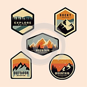 Set Of Mountain Logo Outdoor Adventure, Badges, Banners, Emblem For Mountain, Hiking, Camping, Expedition And Outdoor Adventure. E