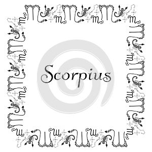 Black and white square banner for the zodiac sign Scorpius. Border from hand-drawn decorative scorpions, emblems, stars, constella