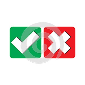 Yes and No check marks with V and X mark in 3d style. Vector illustration. Red and green on white background.