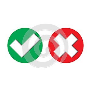 Yes and No check marks with Tick and cross signs. Vector illustration for apps and websites symbol. Red and green on white