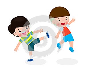 Bad boy, children fighting each other kicking, kids bully friend bad behavior, Bullying children cartoon characters vector