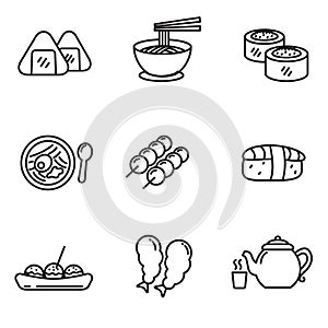 Set of Japanese food icons in black line design