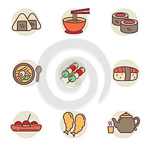 Set of Japanese food icons in linear color design