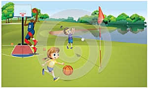 Kids are playing in golf garden photo