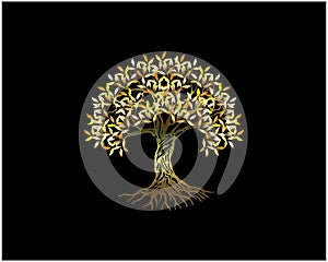 Golden tree logo, exotics logo designs on black background. photo