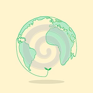 Sustainable developmet eco friendly renewable energy concept one line globe drawing with fresh plant flat style illustration photo