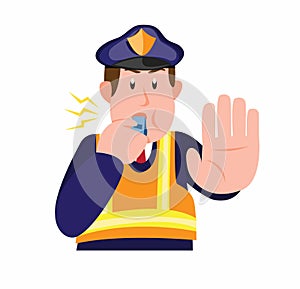 Police patrol blowing whistle and asking someone to stop in cartoon flat illustration vector isolated in white background