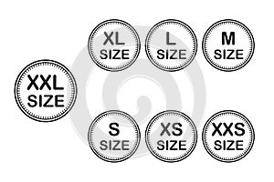Size clothing stickers or labels set, xxl, xl, l, m, s, xs, xxs. Isolated on white background, vector illustration.