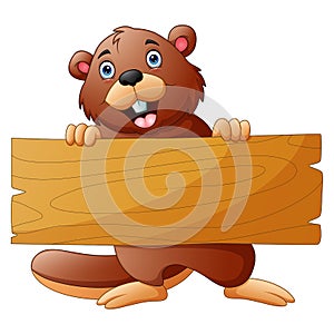 Beaver cartoon holding a wooden sign on white background