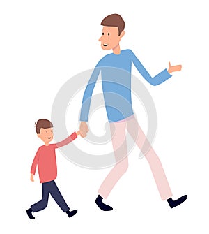 Father and son walking together. Cartoon vector illustration. Young handsome dad holding his little son hand and walking together