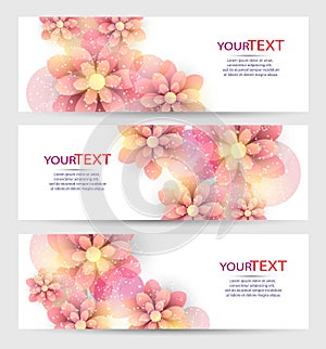 Set of three banners, abstract headers, with colorful floral elements, flowers and place for your text.