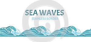 Sea waves seamless pattern, border. Vector illustration of blue ocean water