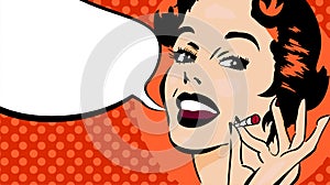 Smiling woman with open mouth. Okey fingers sign Speech bubble. Dots on the background. Vector image comics styled.