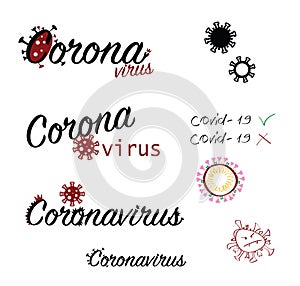 Coronavirus lettering. Hand drawn illustration corona virus.