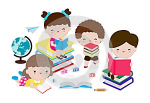 Cute kids reading book, set of children with books, Happy Children while Reading Books, education concept  Vector Illustration