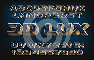 3D Lux alphabet font. Blue and golden letters and numbers.