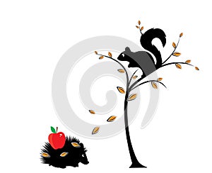 Squirrel silhouette on tree in autumn and hedgehog with apple in his back, vector. Nature in autumn illustration