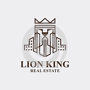 Lion King Real Estate Logo Design. Lion Estate Crown Vector. Building Lion Face Construction Logo