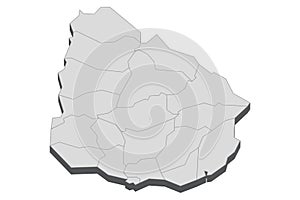 Uruguay map in 3D. 3d map with borders of regions.