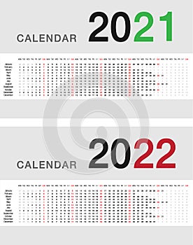 Year 2021 and Year 2022 calendar vector design template, simple and clean design for organization and business. Week Starts Monday