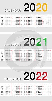 Year 2020 and Year 2021 and Year 2022 calendar vector design template, simple and clean design for organization and business. Week