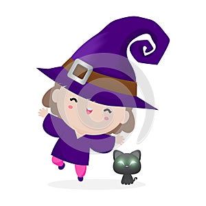 Happy Halloween. Cute little witch. Girl kid in Halloween costume isolated on white background. Kid Costume Party Vector