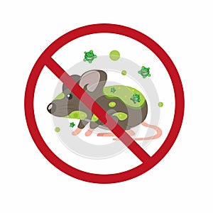 Rat with virus transmision warning symbol, stop hantavirus infection disease in cartoon flat illustration vector isolated in white photo