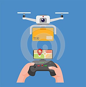 Drone carrying package delivery hand holding remote to control drone with monitor gps in cartoon flat illustration editable vector