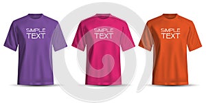 Realistic T-Shirt short sleeve front view purple pink orange set collection and simple text on white background vector