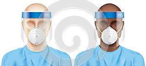 Doctors with plastic face shields surgical masks. photo