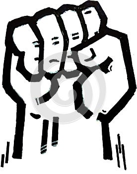 A clenched powerful fist rising up, hand drawn illustration photo