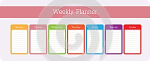 Multicolored vector schedule. Weekly planner template for companies and private use. Info graphic organizer or Weekly routine agen photo