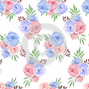 Seamless pattern with watercolor pink blue rose flower