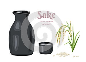 Sake in ceramic black bottle and cup, ear of rice and grains isolated on  white background. Vector illustration