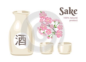 Sake isolated on white background. Ceramic light bottle with Japanese rice wine, two cups and pink sakura flowers.